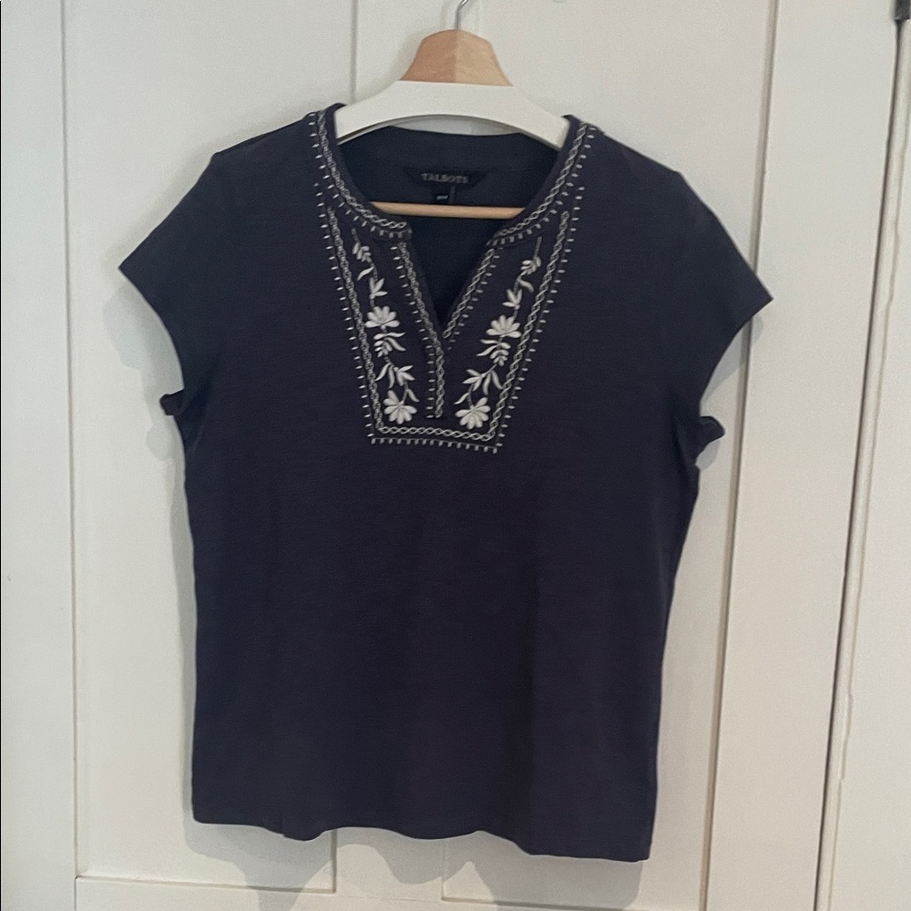 Talbots Navy Short-Sleeve Tee with White Embroidered V-Neck